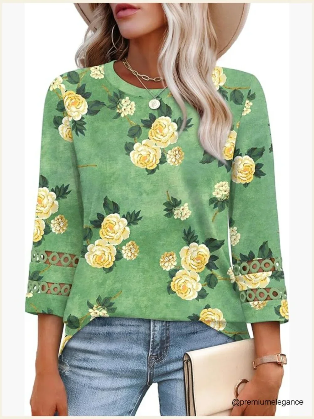 3/4 Sleeve Crewneck Blouse Loose Fit Tunic Tee Dressy Casual Top